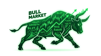 Fototapeta premium Bull market finance concept charging bull silhouette with green stock charts vector illustration