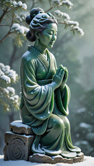 Obraz premium Ancient Marble Angel Statue of a Woman in a Historic Garden with Blue Sky and Classical Architecture