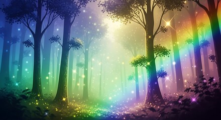 Obraz premium Magical Enchanted Forest Landscape with Vibrant Rainbow and Glowing Fairy Lights