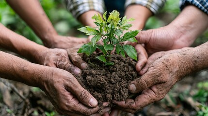 Fototapeta premium Hands holding soil with green plant, symbolizing growth and nature