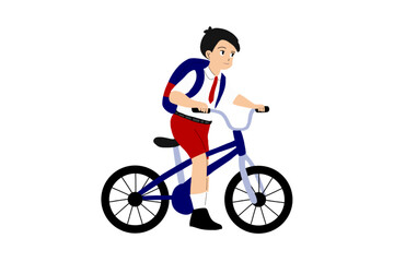 Fototapeta premium Child riding a bicycle in a park. Young boy cycling outdoors with training wheels for active lifestyle.