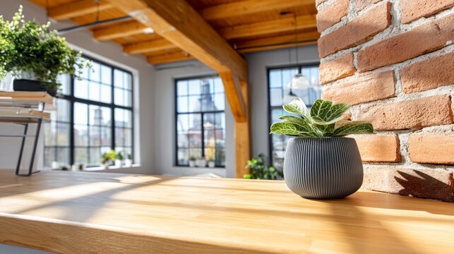 Modern interior space with wooden table and small green plant in pot
