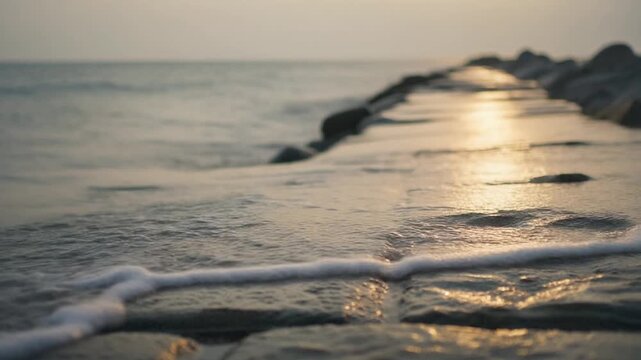 Slow-motion coastal flooding footage showing rising sea water over a seawall, ideal for ESG reports, climate change presentations, and sustainability websites.
