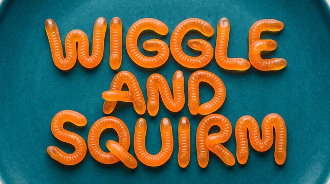 A vibrant arrangement of orange gummy worms spells 'Wiggle and Squirm' on a deep teal background, a playful visual metaphor for the squirmy, joyful, and tactile nature of childhood.
