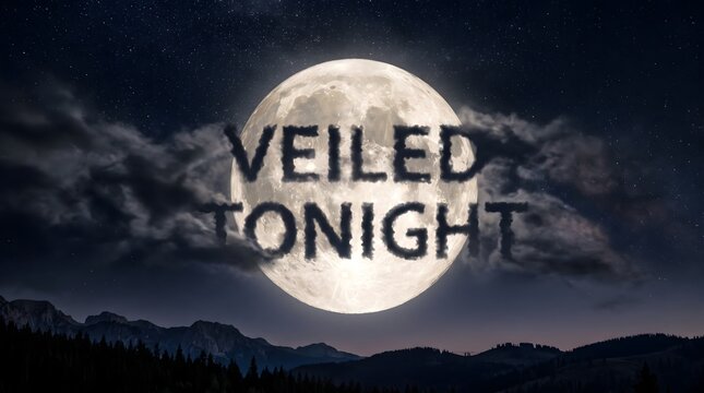 Dark wisps of cloud spelling 'VEILED TONIGHT' drift across a radiant full moon over a silent mountain ridge, representing the shroud of mystery and unseen secrets of the nocturnal world.