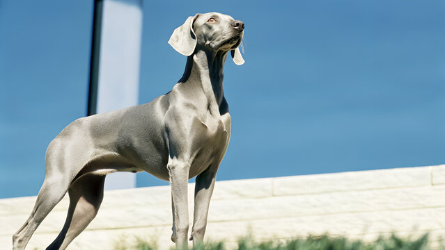 weimaraner in a hunting pose standing proudly outdoors under clear blue sky  