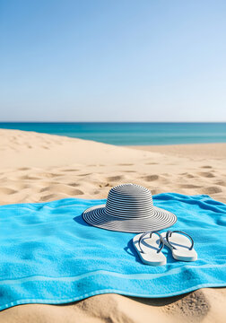 Summer Beach Day Essentials Striped Hat and Flip Flops on Blue Towel