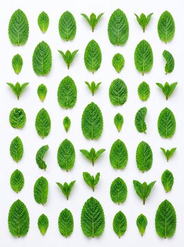 Pattern of fresh green peppermint leaves isolated on white background for health food concept