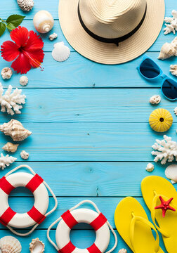 Tropical summer beach vacation items border on blue wood background