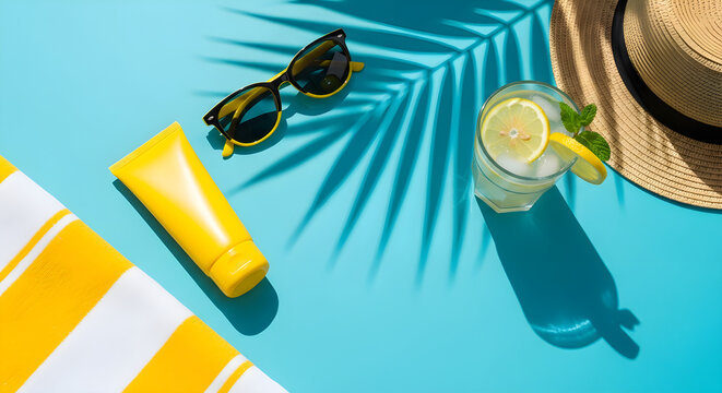 Vibrant Summer Beach Essentials Refreshing Drink and Sun Protection