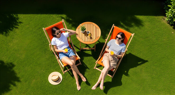 Two Women Relaxing Outdoors Enjoying Sunny Summer Day Drinks