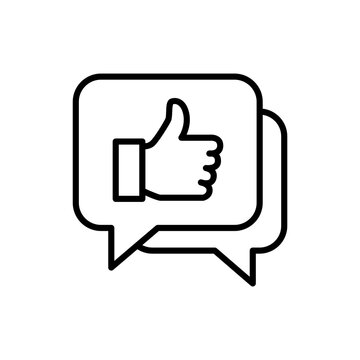 An outline icon featuring overlapping speech bubbles with a thumbs up sign inside. Symbolizes positive affirmation, encouragement, support, self-talk, and constructive communication in therapy.