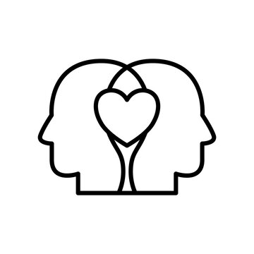 An elegant line icon showing two side profiles facing each other with a shared heart shape in the center. Symbolizes emotional intelligence (EI), empathy, mutual understanding, relationship counseling