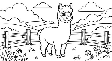 Fototapeta premium Cute llama standing in grassy meadow inside farm fence with fluffy clouds in background coloring page illustration for children kids creative activity.