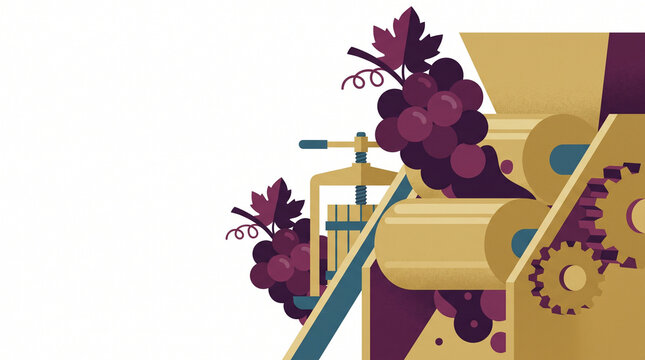 Grape crushing machine with purple grapes and mechanical components  