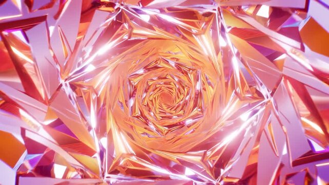 Centered spiral tunnel of reflective metallic shards with warm orange, pink, purple and blue iridescence, converging toward bright central vortex with sharp facets and glossy depth
