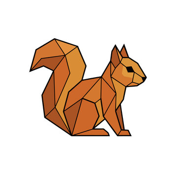 Low Poly Inspired Squirrel Logo With Simple Polygon Shapes, Black Outline, Flat Vector