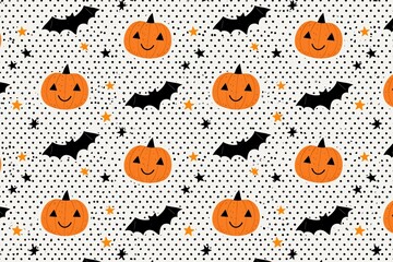 Obraz premium Cute Halloween Seamless Pattern with Cartoon Pumpkins Bats and Stars Background