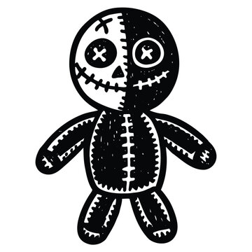 Scary voodoo doll vector graphic illustration featuring a stitched mouth and sharp pin silhouette design element