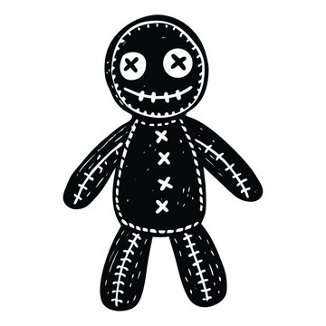 Scary voodoo doll vector graphic illustration featuring a stitched mouth and sharp pin silhouette design element