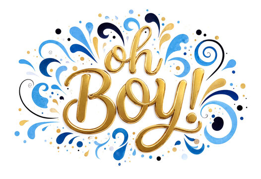 Celebratory golden text oh boy with decorative swirls and dots isolated design