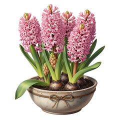 Fototapeta premium A beautiful potted plant features several vibrant pink hyacinth flowers blooming from bulbs in an ornate ceramic bowl with a bow.