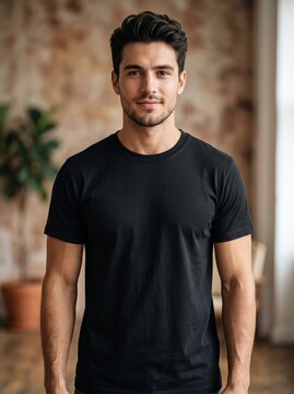 Portrait of a confident young White man in his 30s wearing a blank black t-shirt standing indoors, clothing mockup template and lifestyle concept