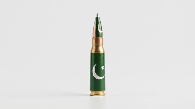 A single rifle bullet with a Pakistan flag design isolated on a clean white background, symbolizing defense, national security, and military power.