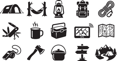 Camping equipment and outdoor adventure gear vector icons set with tent hammock backpack map and tools black silhouettes © MdRubel