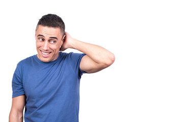 Fototapeta premium Shy man disguising himself with the hand on the neck