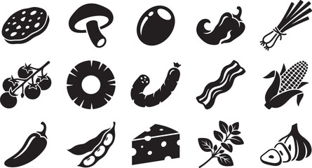 Obraz premium Fresh pizza ingredients and Italian food toppings vector icons set with mushroom cheese pepperoni tomato and garlic black silhouettes