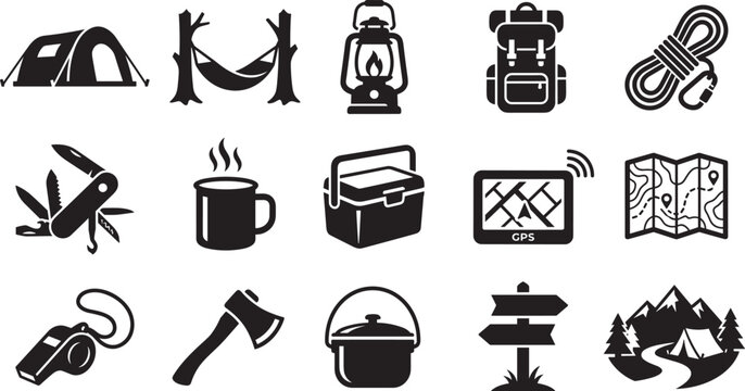 Camping equipment and outdoor adventure gear vector icons set with tent hammock backpack map and tools black silhouettes