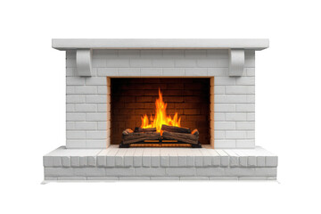 Obraz premium White brick fireplace with burning logs creating warmth and a cozy atmosphere on a transparent background