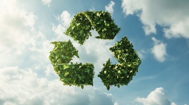 Recycling symbol formed from lush green leaves against a bright blue sky, representing environmental sustainability and eco-friendly practices.