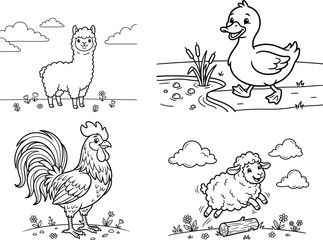Obraz premium Cute Domestic Farm Animals Coloring Book Page Set For Toddlers Vector Line Art Illustration