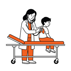 Fototapeta premium Female pediatrician checking lungs of young boy patient on medical examination gurney in clinic