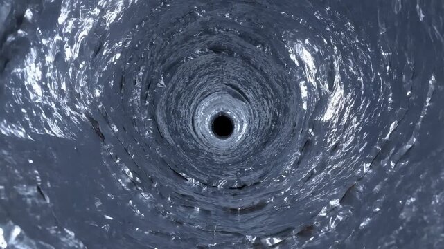 Descending view into glossy concentric rock shaft with dark central opening, layered circular walls, sharp specular highlights, rough textured surfaces, and deep underground atmosphere