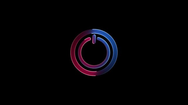4D Rendered Circular Power Button with Neon Glow in Red and Blue Hues on Black .