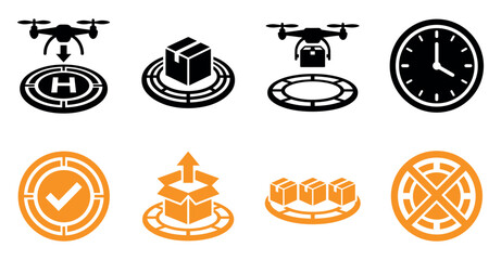 Set of black and orange drone delivery icons showing package transport and landing pad symbols for logistics Minimal solid fill icon set bundle collection. Editable Vector Illustration Mega pack © SIMUL