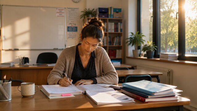 Teacher Writing Lesson Notes in Quiet Classroom