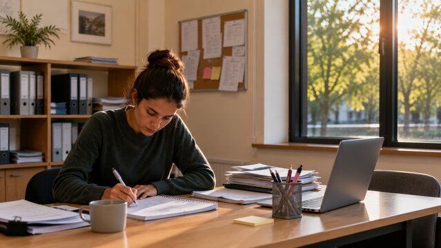 Teacher Writing Lesson Notes in Quiet Classroom