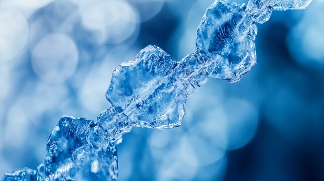 Close-up of intricate ice crystal formations, showcasing a frozen, delicate, and shimmering winter landscape in cool blue tones