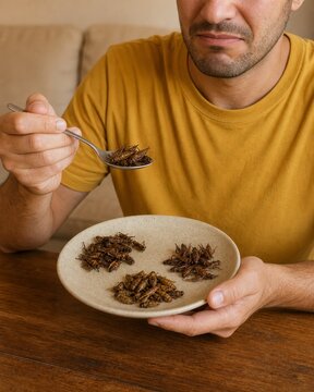 A man hesitantly eats a plate of cooked insects, displaying a mix of curiosity and discomfort.