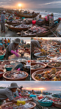 AI generator images of Authentic seaside fish market at dawn, fishermen unloading fresh seafood from wooden boats, crushed ice sparkling, busy seafood vendors negotiating with buyers, ocean breeze