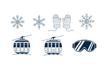 Hand-drawn winter sports and mountain icons set with snowflakes, mittens, gondola and ski goggles. © Sayma Akter