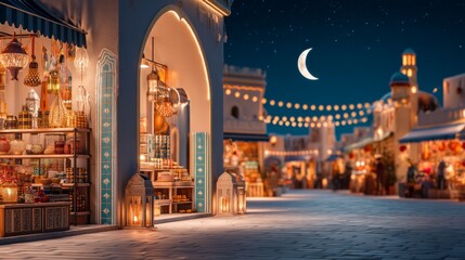 Naklejka premium Beautiful Arabian Night Market Street with Lanterns Decorations and Crescent Moon