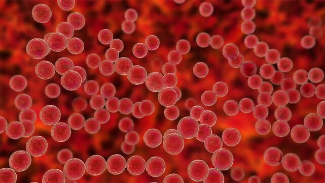 Streptococcus pyogenes bacterium, 3D animation showing spherical Gram-positive cocci arranged in chains, representing characteristic group A streptococcal morphology.