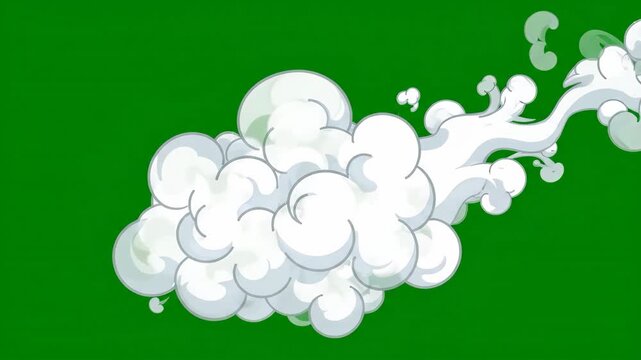 Stylized 2D cartoon smoke cloud puff expanding and drifting against a chroma key green screen background for visual effects