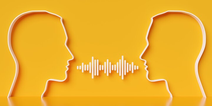 Two white outlined human head with abstract white soundwave waveform on yellow background, communication business concept