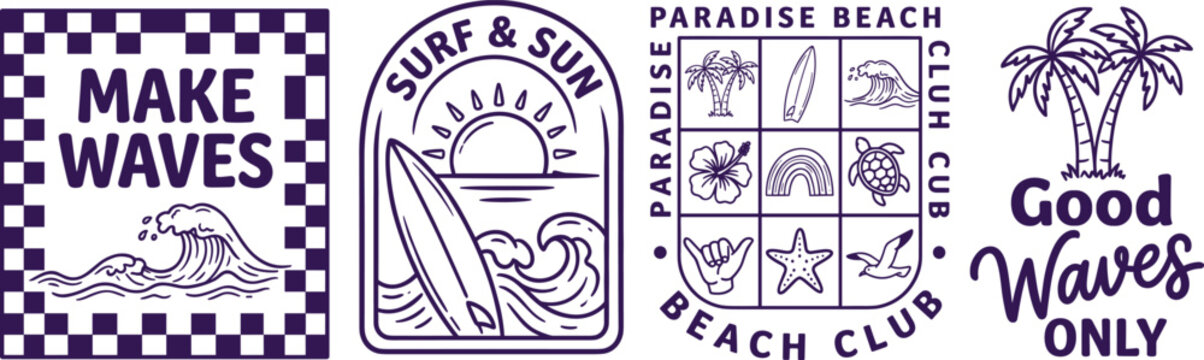 Set of Vintage Surfing Badges and Beach Club Line Art Illustrations with Surfboards and Palms